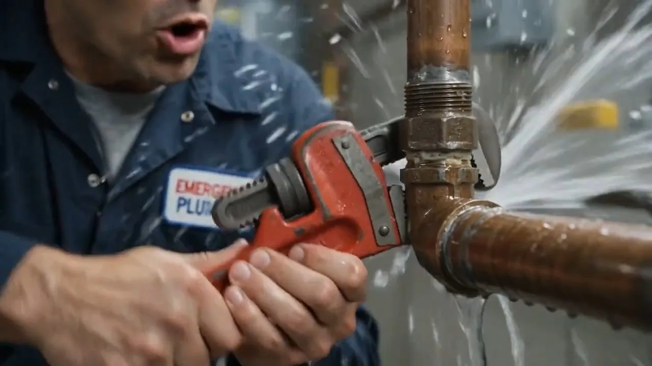 Plumber in a blue work jacket gripping a pipe wrench on a copper pipe while water sprays from the joint