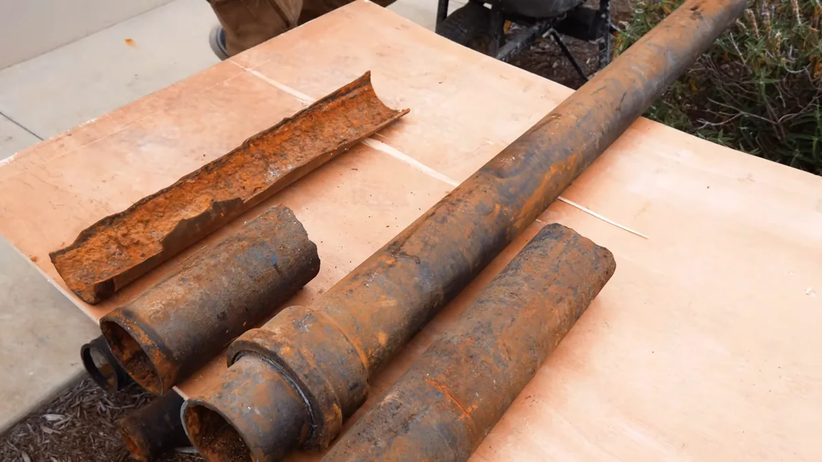 Sections of rusted cast iron drain pipe laid on a board, one cut open lengthwise