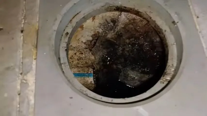 Round in-ground access box with the lid off and dark water and soil inside