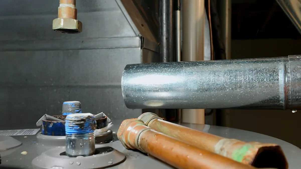 Top of a gray tank water heater with a rolled metal vent, copper stubs and a blue-capped fitting