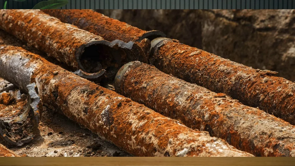 Several heavily rusted galvanized pipes lying side by side, one split open to show the crusted inside