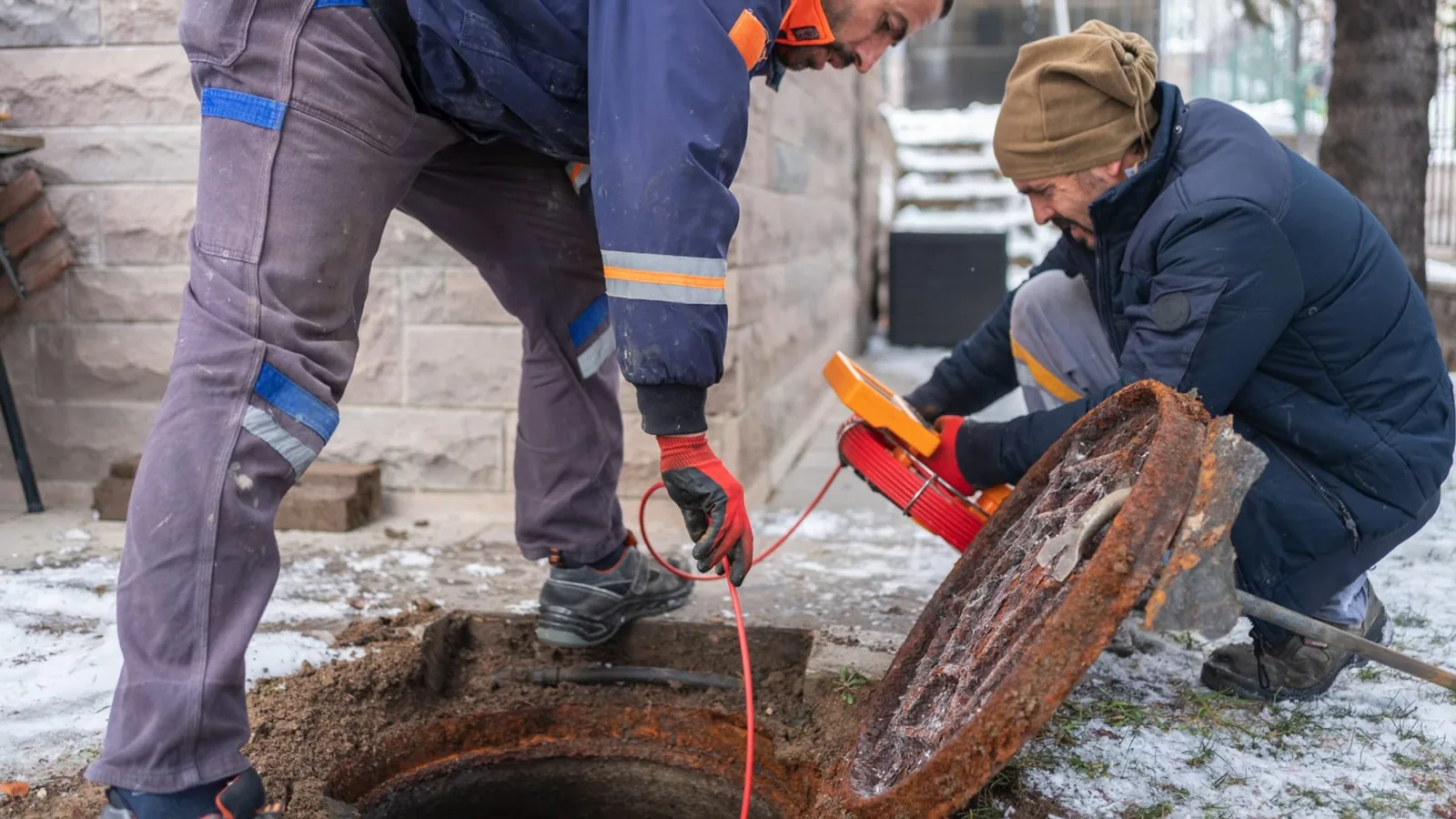 Two workers at an open sewer access, one feeding a red camera cable from an orange reel into the opening