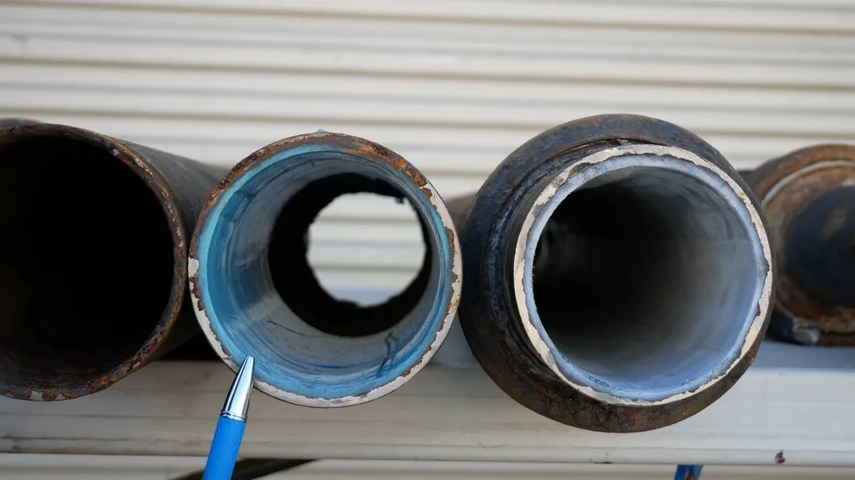 Cut ends of several rusty steel pipes with one bore coated in smooth blue epoxy
